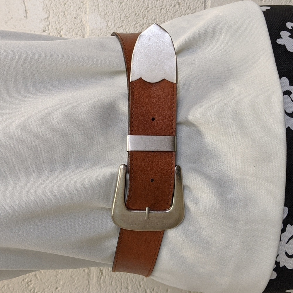 Vintage Brown Belt silver buckle wide thick size 11/12 VTG 90s Y2K western